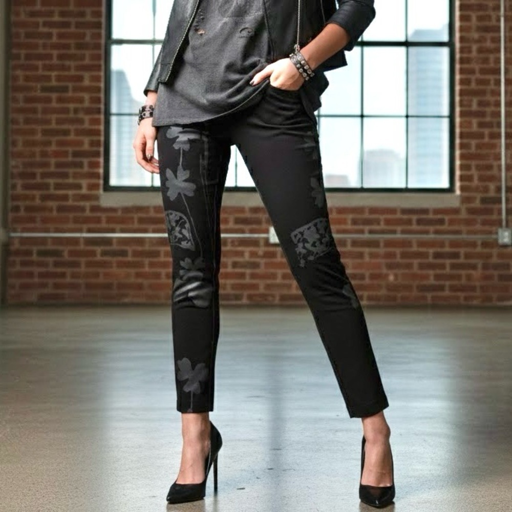 KLEYMAC Black Floral Botanical Graphic Ankle Pants Edgy Chic Spain Moto Grunge